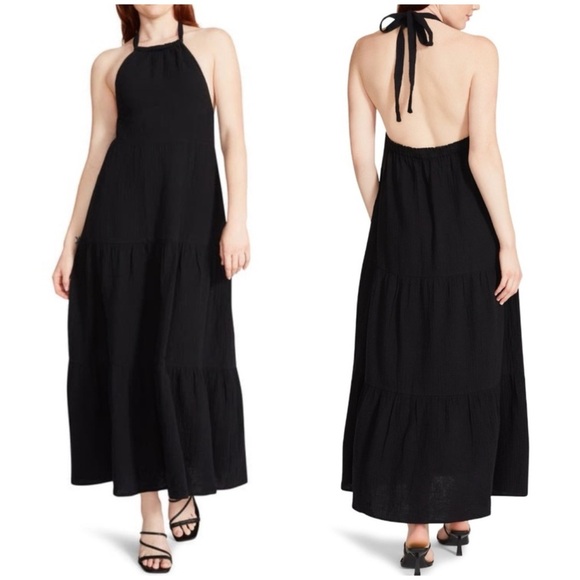 Steve Madden Black Sleeveless Tiered Maxi Dress Open Back Halter Women's XS - Picture 1 of 11